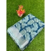 Generic Women's Linen Printed Saree With Unstitched Blouse (Blue, 5-5 Mtrs)
