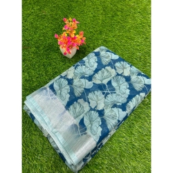 Generic Women's Linen Printed Saree With Unstitched Blouse (Blue, 5-5 Mtrs)