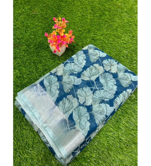 Generic Women's Linen Printed Saree With Unstitched Blouse (Blue, 5-5 Mtrs)