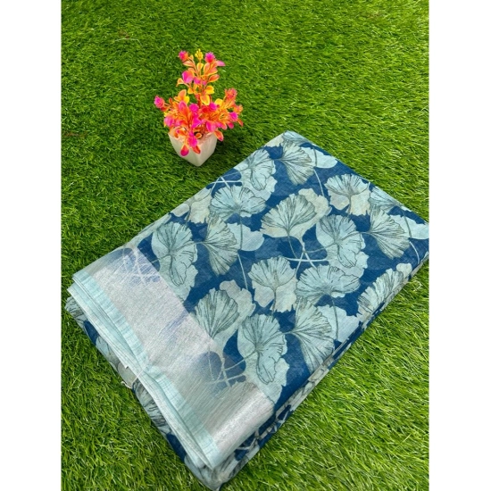 Generic Women's Linen Printed Saree With Unstitched Blouse (Blue, 5-5 Mtrs) Generic Women's Linen Printed Saree With Unstitched Blouse (Blue, 5-5 Mtrs)