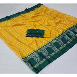 Generic Women's Cotton Printed Saree With Unstitched Blouse (Yellow, 5-5 Mtrs)
