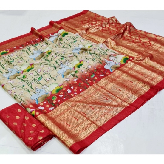 Generic Women's Art Silk Printed Saree With Unstitched Blouse (Red, 5-5 Mtrs)