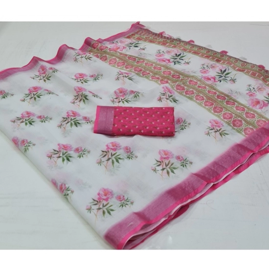 Generic Women's Cotton Printed Saree With Unstitched Blouse (White, 5-5 Mtrs)