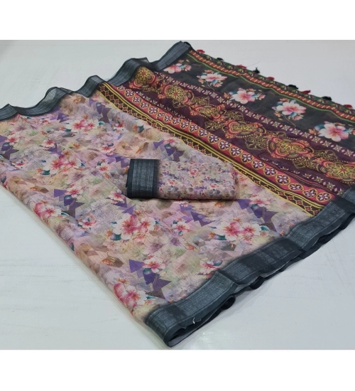 Generic Women's Cotton Printed Saree With Unstitched Blouse (Purple, 5-5 Mtrs)