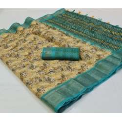 Generic Women's Cotton Printed Saree With Unstitched Blouse (Yellow, 5-5 Mtrs)