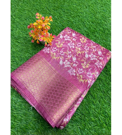 Generic Women's Linen Printed Saree With Unstitched Blouse (Pink, 5-5 Mtrs)