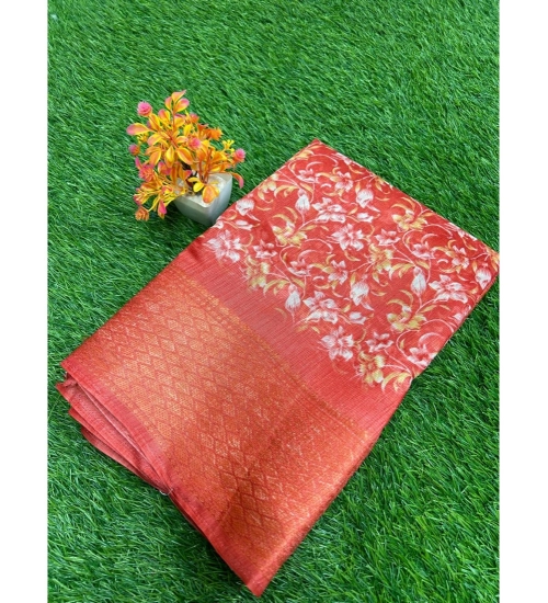 Generic Women's Linen Printed Saree With Unstitched Blouse (Red, 5-5 Mtrs)