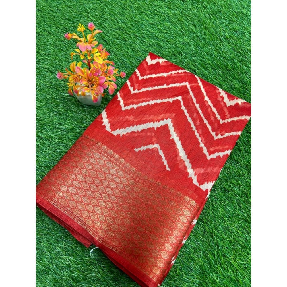 Generic Women's Linen Printed Saree With Unstitched Blouse (Red, 5-5 Mtrs) Generic Women's Linen Printed Saree With Unstitched Blouse (Red, 5-5 Mtrs)