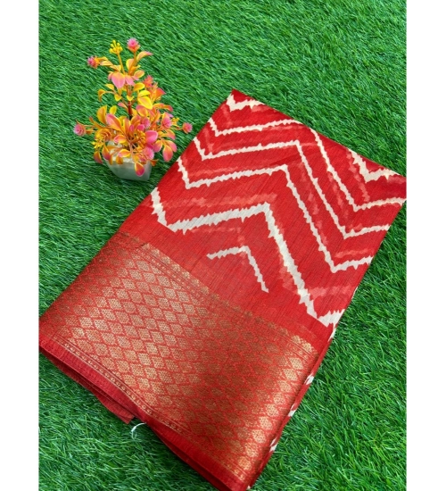Generic Women's Linen Printed Saree With Unstitched Blouse (Red, 5-5 Mtrs)