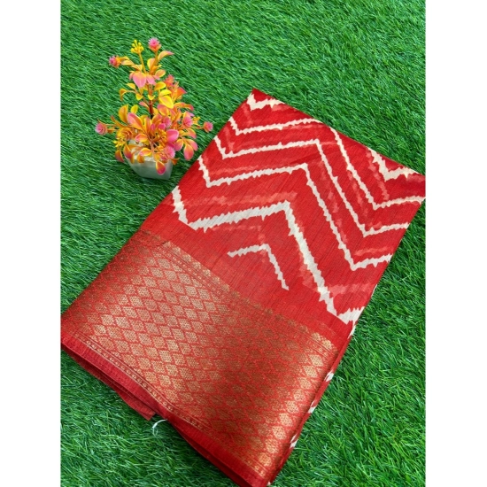 Generic Women's Linen Printed Saree With Unstitched Blouse (Red, 5-5 Mtrs)