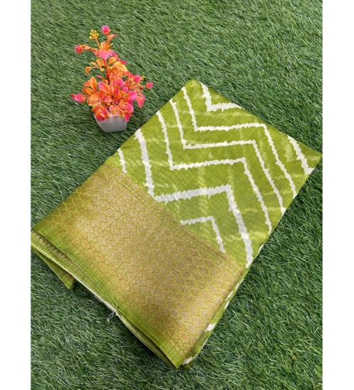 Generic Women's Linen Printed Saree With Unstitched Blouse (Green, 5-5 Mtrs)