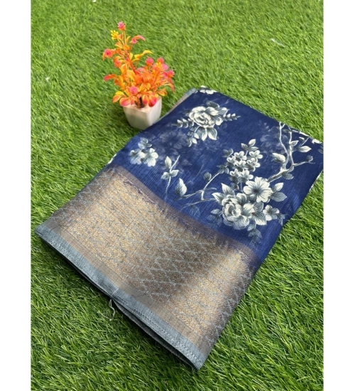 Generic Women's Linen Printed Saree With Unstitched Blouse (Dark-Blue, 5-5 Mtrs)