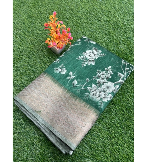 Generic Women's Linen Printed Saree With Unstitched Blouse (Green, 5-5 Mtrs)