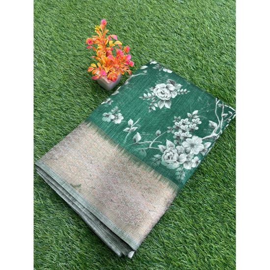 Generic Women's Linen Printed Saree With Unstitched Blouse (Green, 5-5 Mtrs)