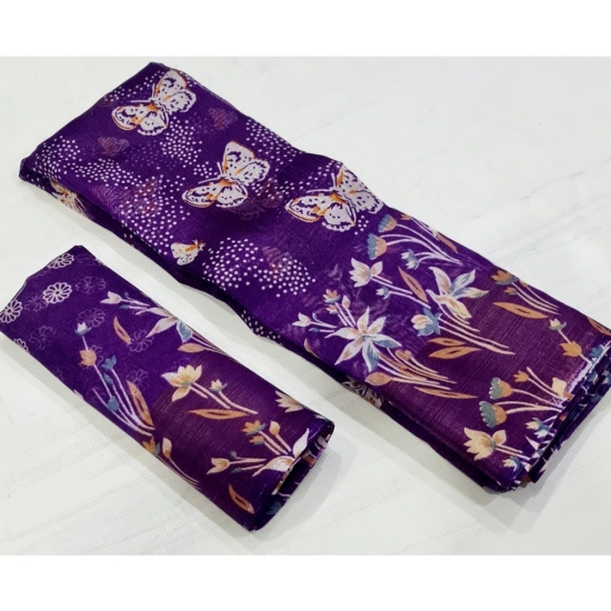 Generic Women's Cotton Printed Saree With Unstitched Blouse (Purple, 5-5 Mtrs)