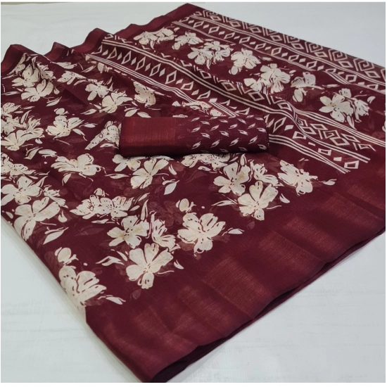 Generic Women's Cotton Printed Saree With Unstitched Blouse (Maroon, 5-5 Mtrs)