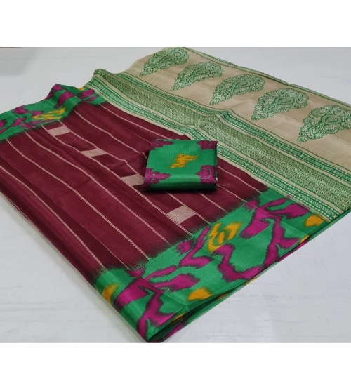 Generic Women's Cotton Silk Printed Saree With Unstitched Blouse (Maroon, 5-5 Mtrs)