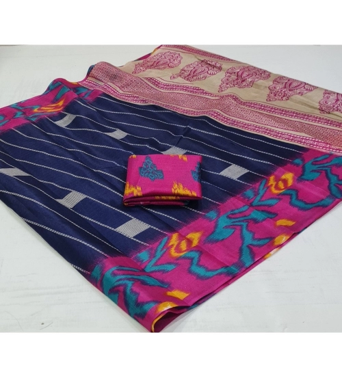 Generic Women's Cotton Silk Printed Saree With Unstitched Blouse (Dark-Blue, 5-5 Mtrs)