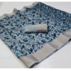 Generic Women's Linen Printed Saree With Unstitched Blouse (Navy, 5-5 Mtrs)