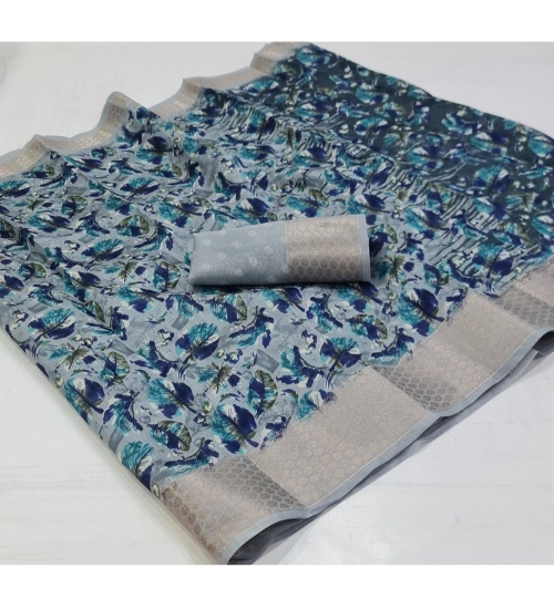 Generic Women's Linen Printed Saree With Unstitched Blouse (Navy, 5-5 Mtrs)