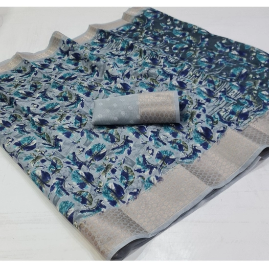 Generic Women's Linen Printed Saree With Unstitched Blouse (Navy, 5-5 Mtrs) Generic Women's Linen Printed Saree With Unstitched Blouse (Navy, 5-5 Mtrs)