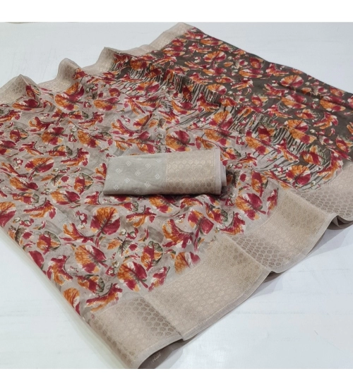 Generic Women's Linen Printed Saree With Unstitched Blouse (Brown, 5-5 Mtrs)