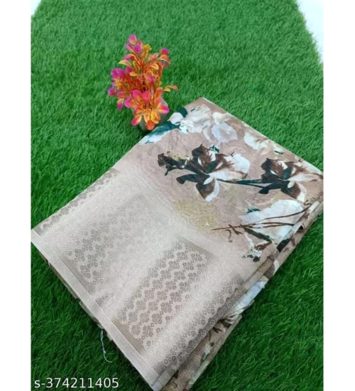 Generic Women's Linen Printed Saree With Unstitched Blouse (Orange, 5-5 Mtrs)