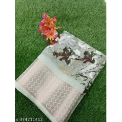 Generic Women's Linen Printed Saree With Unstitched Blouse (Green, 5-5 Mtrs)