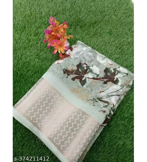 Generic Women's Linen Printed Saree With Unstitched Blouse (Green, 5-5 Mtrs)