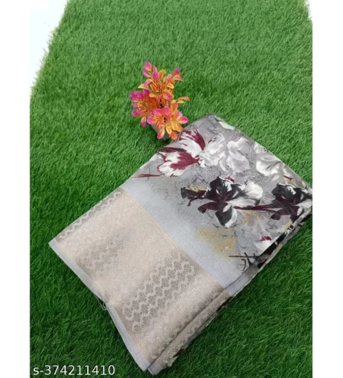 Generic Women's Linen Printed Saree With Unstitched Blouse (Brown, 5-5 Mtrs)