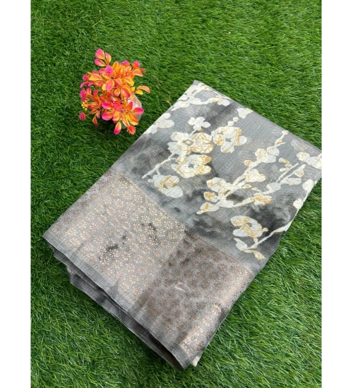Generic Women's Linen Printed Saree With Unstitched Blouse (Grey, 5-5 Mtrs)