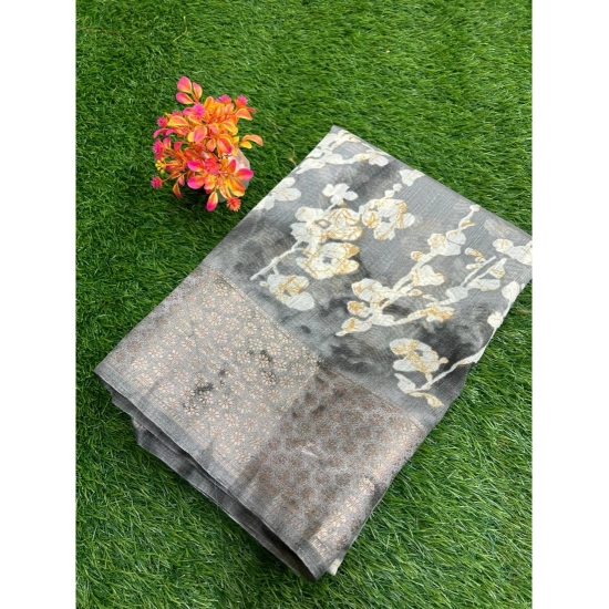 Generic Women's Linen Printed Saree With Unstitched Blouse (Grey, 5-5 Mtrs) Generic Women's Linen Printed Saree With Unstitched Blouse (Grey, 5-5 Mtrs)