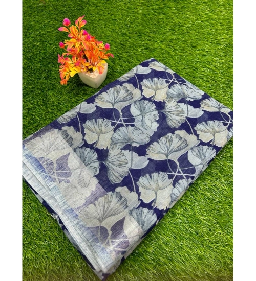 Generic Women's Linen Printed Saree With Unstitched Blouse (Navy-Blue, 5-5 Mtrs)