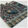 Generic Women's Cotton Printed Saree With Unstitched Blouse (Teal, 5-5 Mtrs)