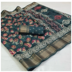 Generic Women's Cotton Printed Saree With Unstitched Blouse (Teal, 5-5 Mtrs)