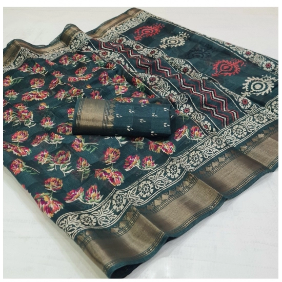 Generic Women's Cotton Printed Saree With Unstitched Blouse (Teal, 5-5 Mtrs) Generic Women's Cotton Printed Saree With Unstitched Blouse (Teal, 5-5 Mtrs)
