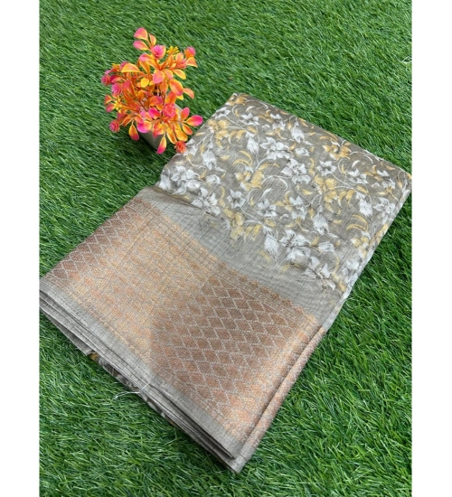 Generic Women's Linen Printed Saree With Unstitched Blouse (Brown, 5-5 Mtrs)