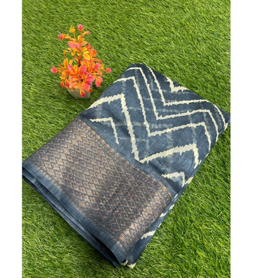 Generic Women's Linen Printed Saree With Unstitched Blouse (Dark-Blue, 5-5 Mtrs)