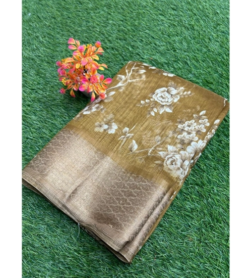 Generic Women's Linen Printed Saree With Unstitched Blouse (Yellow, 5-5 Mtrs)