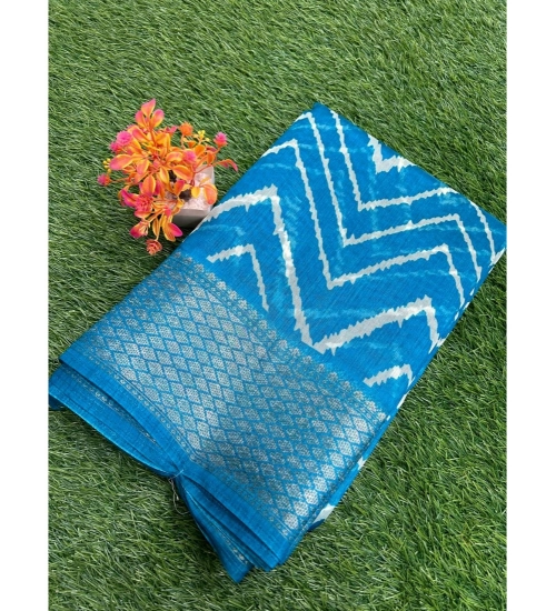 Generic Women's Linen Printed Saree With Unstitched Blouse (Blue, 5-5 Mtrs)