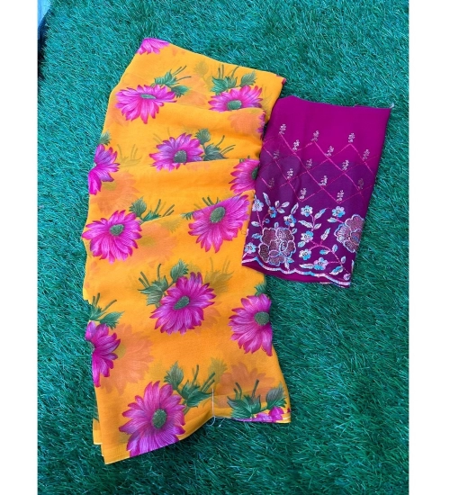 Generic Women's Georgette Printed Saree With Unstitched Blouse (Purple, 5-5 Mtrs)