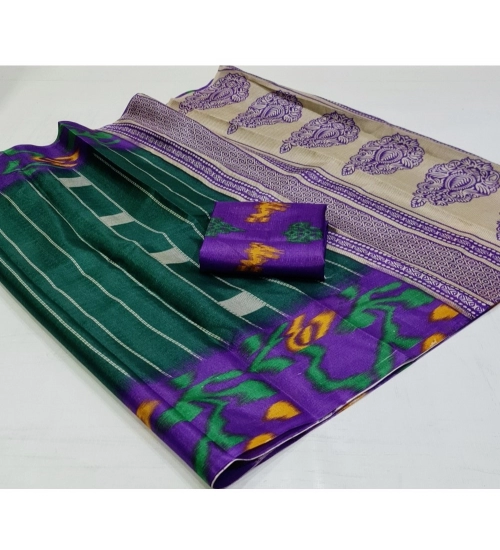 Generic Women's Cotton Silk Printed Saree With Unstitched Blouse (Green, 5-5 Mtrs)