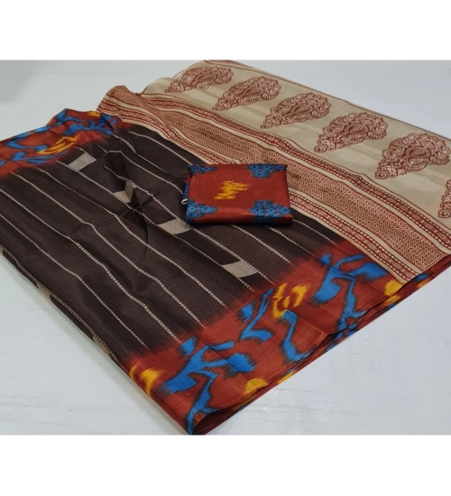 Generic Women's Cotton Silk Printed Saree With Unstitched Blouse (Brown, 5-5 Mtrs)