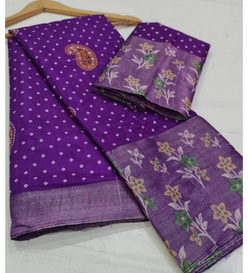 Generic Women's Cotton Silk Printed Saree With Unstitched Blouse (Purple, 5-5 Mtrs)