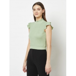 Generic Women's Cotton Blend Self Design Puff Sleeves High Neck Regular Top (Light-Green)