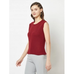 Generic Women's Cotton Blend Solid Sleeveless Round Neck Regular Top (Maroon)