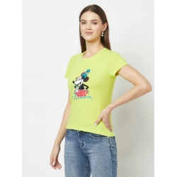 Generic Women's Cotton Blend Printed Regular Sleeves Round Neck Regular Top (Light-Green)