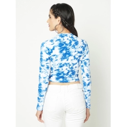 Generic Women's Polyester Self Design Regular Sleeves Round Neck Crop Top (White-Blue)