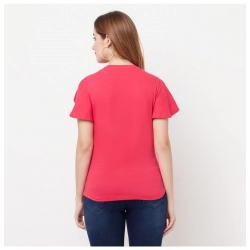 Generic Women's Cotton Blend Solid Bell Sleeves Round Neck Regular Top (Pink)