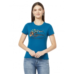 Generic Women's Cotton Blend Printed Regular Sleeves Round Neck Regular Top (Dark-Blue)